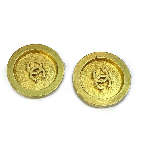 Authentic CHANEL CC CC Mark vintage Circle Round 94P Earrings Gold Plated Gold